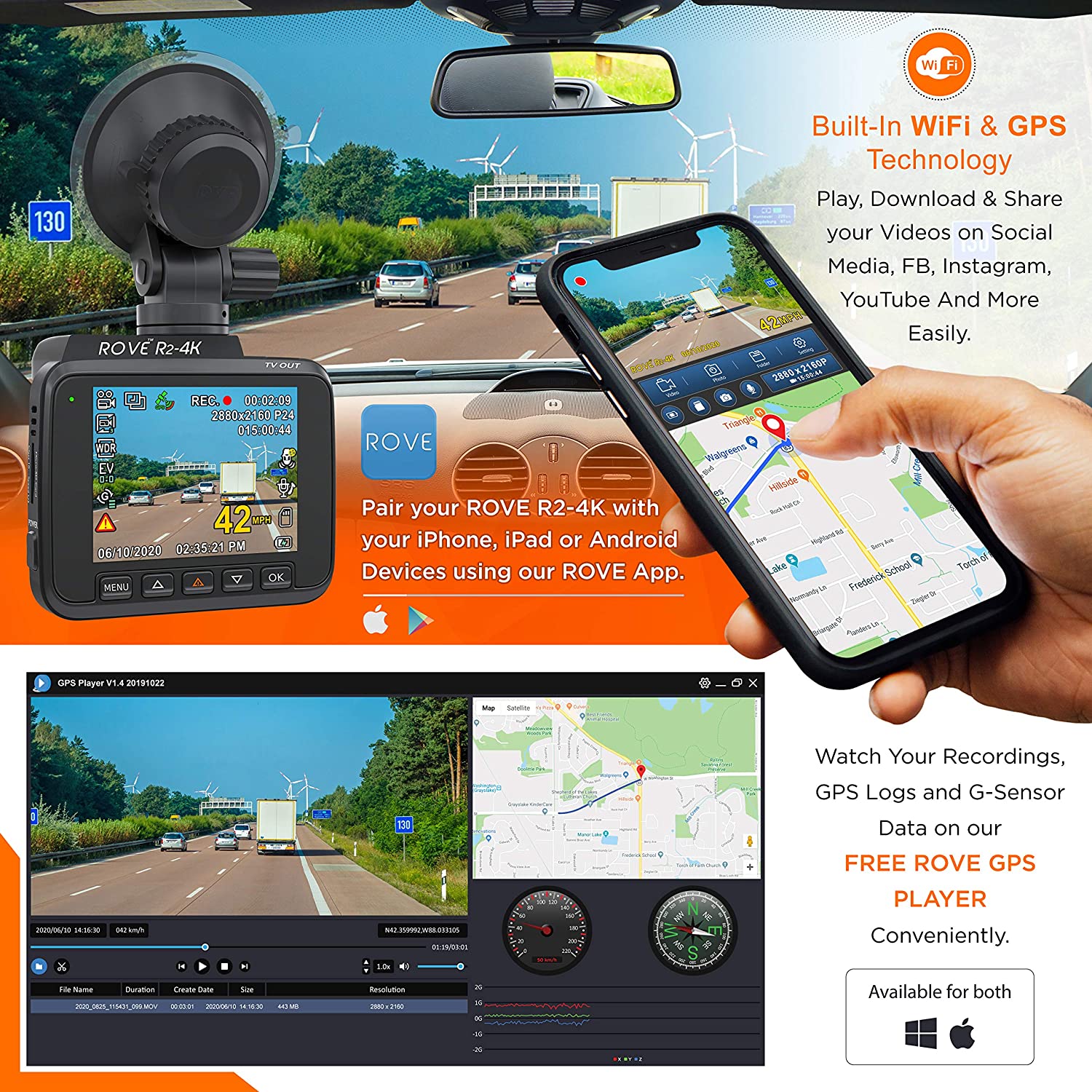 Rove R2-4K Dash Cam Built-In Wi-Fi GPS Car Dashboard Camera