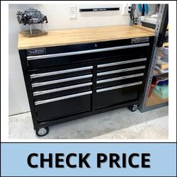 46 in. 9-drawer mobile storage cabinet with solid wood top – black workbench